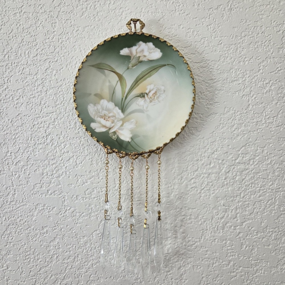 Vintage R.S. Germany Handmade Floral Suncatcher Plate Crystal Prisms Gold Rim